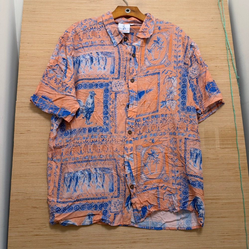 Southern Saint Mens 2XL USVI Tropical Print Button Down Shirt Peach Blue Slv